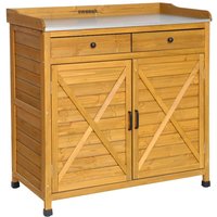 Storage unit, fir wood potting table with 2 doors and 2 drawers, W 102 x D 52.5 x H 103.5cm