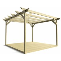 Timber Pergola and Decking Complete DIY Kit, Longhorn design (2.4m x 2.4m, Light green (natural) finish)
