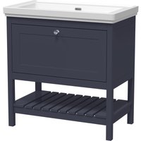 Traditional Furniture Floor Standing 1 Drawer Vanity & 0 Tap Hole Fireclay Basin, 800mm, Indigo Blue