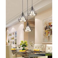 Vintage Pendant Light, 3 Lights Spiral Ceiling Lamp with Metal Cage, Diamond Shape Chandelier with Lampshade for Kitchen Island Living Room Black