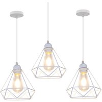 Axhup - Vintage Pendant Light Fixture, Industrial Hanging Ceiling Lamp with Metal Ø20cm Diamond Cage Lampshade, E27 Holder Chandelier White 3PCS