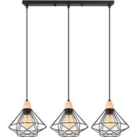 3 Lights Chandelier Industrial Retro Cage Made of Metal 40W E27 Wooden Ceiling Lamp for Bedroom Living Room Dining Room Black