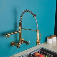 Wall-mounted kitchen faucet with pull-out spout, 360° swivel sink faucet with 3 spray modes, gold YMYNY