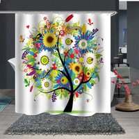 Waterproof Shower Curtain Anti-Mold Made of 100% Polyester Fabric, Bathroom Curtain with 12 Rings, Multicolor Tree and Floral Print 180x200cm