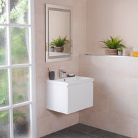 NRG - White 600mm Bathroom Wall Hung Vanity Sink Unit Drawer Furniture with Free Mirror