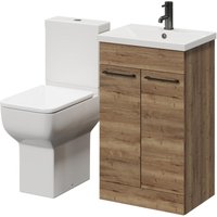 Alessio Tobacco Oak 500mm Vanity Unit and Toilet Suite including Comfort Height Toilet and Floor Standing Vanity Unit with 2 Doors and Gunmetal Grey