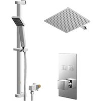 Cubix Polished Chrome Concealed Push Button Twin Shower Valve and 400mm Thin Square Fixed Head with Wall Arm and Thames Slide Rail Kit with Square