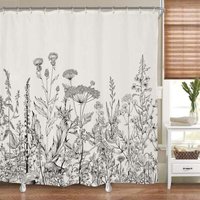 Wildflower shower curtain, botanical plants, herbs, tulips, wildflowers, leaves, sketch, waterproof fabric, 183 x 183 cm, polyester bath decoration,