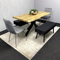 Wooden Dining Table with 2 Grey Velvet Chairs and Black Padded Benches, Dining Room Furniture