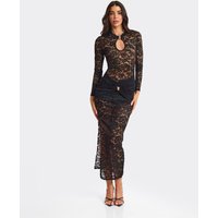Long Sleeve Trim Detail Keyhole Cutout Midi Dress In Black Lace, Women's Size UK 14