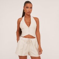 Plunge Button Front Tie Back Waistcoat In Stone Linen, Women's Size UK 4