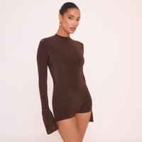 Long Flute Sleeve Double Layered Playsuit In Brown Slinky, Women's Size UK 16
