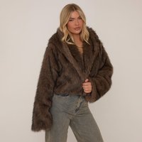 Hooded Cropped Jacket In Chocolate Brown Faux Fur, Women's Size US 4