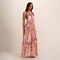 High Neck Ruched Detail Backless Maxi Dress In Pink Floral Print, Women's Size UK 4