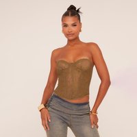 Bandeau Structured Detail Corset Top In Khaki Lace, Women's Size UK 16