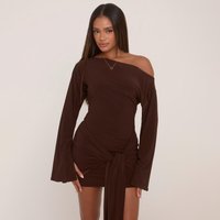 Long Flared Sleeve Drape Detail Mini Bodycon Dress In Chocolate Brown Slinky, Women's Size US 4