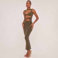 Sleeveless Cut Out Twist Front Detail Maxi Dress In Olive Green, Women's Size US 12