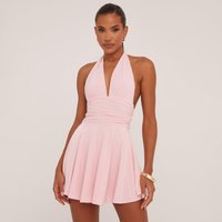 Plunge Halterneck Open Back Flippy Hem Mini Skater Dress In Pastel Pink Slinky, Women's Size UK 16