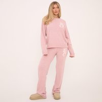 Mid Waist Ego Graphic Straight Leg Trousers In Baby Pink Knit, Women's Size UK XS