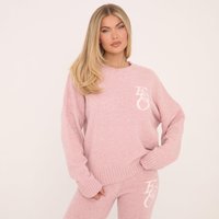 Long Sleeve Crew Neck Ego Graphic Oversized Jumper In Baby Pink Knit, Women's Size US L