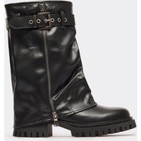 Shifa Side Buckle Zip Detail Layered Ankle Biker Boot In Black Faux Leather, Women's Size UK 8