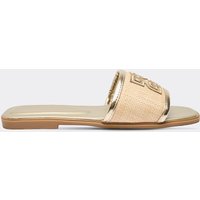 Bay Woven Strap Logo Detail Flat Slider Sandal In Gold Faux Leather, Women's Size UK 3