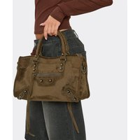 Perth Stud Zip Detail Grab Bag In Khaki Faux Suede, Women's Size US