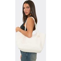 Aven Woven Detail Shaped Tote Bag In Cream Faux Leather, Women's Size US