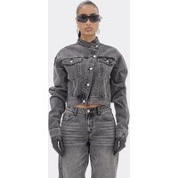 High Neck Asymmetric Button Detail Jacket In Washed Grey Denim, Women's Size US 2