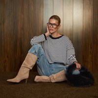 Special Pointed Toe Knee High Heeled Boot In Beige Faux Suede., Women's Size UK 8