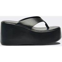 Carina Thong Strap Chunky Platform Sole Sandal In Black Faux Leather, Women's Size UK 3
