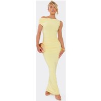 Asymmetric One Shoulder Ruched Detail Maxi Dress In Lemon Slinky, Women's Size UK 12