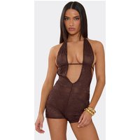 Plunge Halterneck Open Back Playsuit In Brown Lace, Women's Size UK 14