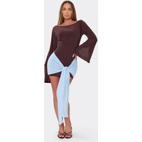 Long Flared Sleeve Contrast Drape Detail Mini Bodycon Dress In Chocolate Brown Slinky, Women's Size UK 14