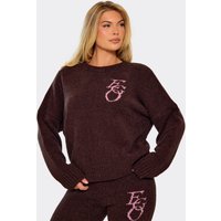 Long Sleeve Crew Neck Ego Graphic Oversized Jumper In Brown Knit, Women's Size US L