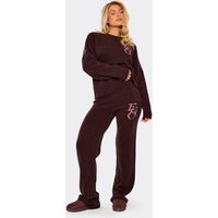 Mid Waist Ego Graphic Straight Leg Trousers In Brown Knit, Women's Size UK XS