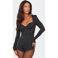 Long Sleeve Structured Corset Detail Playsuit In Black, Women's Size UK 16