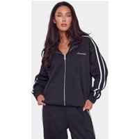 Oversized Contrast Stripe Side Essential Graphic Zip Up Hoodie In Black, Women's Size UK 14