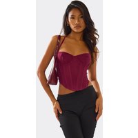 Halterneck Dipped Hem Corset Top In Plum Mesh, Women's Size UK 16