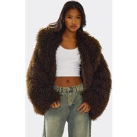 Oversized Collar Shaggy Coat In Chocolate Brown Faux Fur, Women's Size US 4