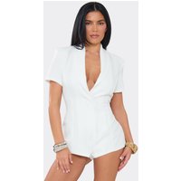 Short Sleeve Plunge Neck Blazer Playsuit In Cream, Women's Size UK 14