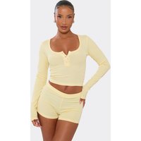 Long Sleeve Button Front Top And Shorts Pyjama Set In Lemon, Women's Size UK M