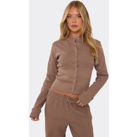 Long Sleeve Button Up Front Fitted Top In Mushroom Ribbed, Women's Size US 10