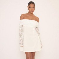 Long Sleeve Bardot A Line Mini Dress In White Lace, Women's Size UK S