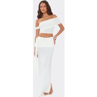 Mid Rise Ruched Tie Detail Maxi Skirt In Cream Slinky, Women's Size US 8