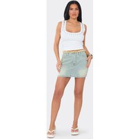 Mid Rise Frayed Waistband Detail Mini Skirt In Light Washed Blue Denim, Women's Size UK 14