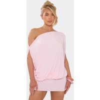 Off The Shoulder Draped Asymmetric Mini Dress In Baby Pink Slinky, Women's Size UK 10