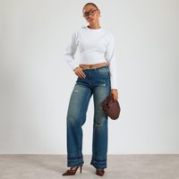 Low Rise Distressed Detail Frayed Hem Straight Leg Jeans In Dark Blue Washed Denim, Women's Size UK 10