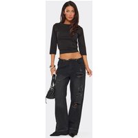 Low Rise Distressed Detail Frayed Hem Straight Leg Jeans Black Washed Denim, Women's Size UK 12