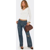 Low Rise Distressed Detail Frayed Hem Straight Leg Jeans Blue Washed Denim, Women's Size US 10